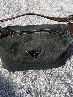 Prada Blue-Gray Denim Bag with Brown Leather Trim